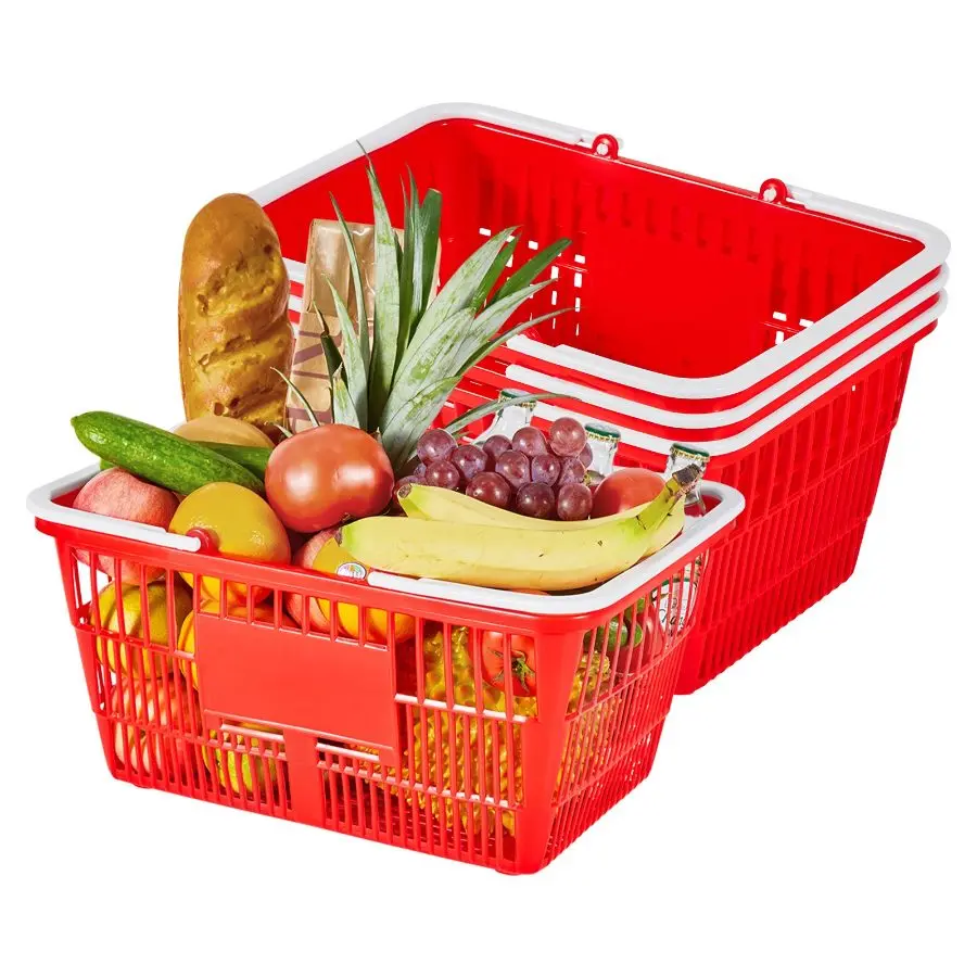 【Summerfinds】 4-PC Stackable PE Plastic Shopping Basket Set with Handles, 21L Dense Mesh Grocery Baskets, 20 lbs Capacity, Portable for Retail, Home Use, Reddealsforyoudays