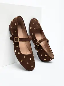 New Women's Rivet Decor Leather Ballet Flats, Round Toe Polka Dot Mary Jane Shoes, Slip On Shoes, Fall & Winter Low Heel Casual Footwear
