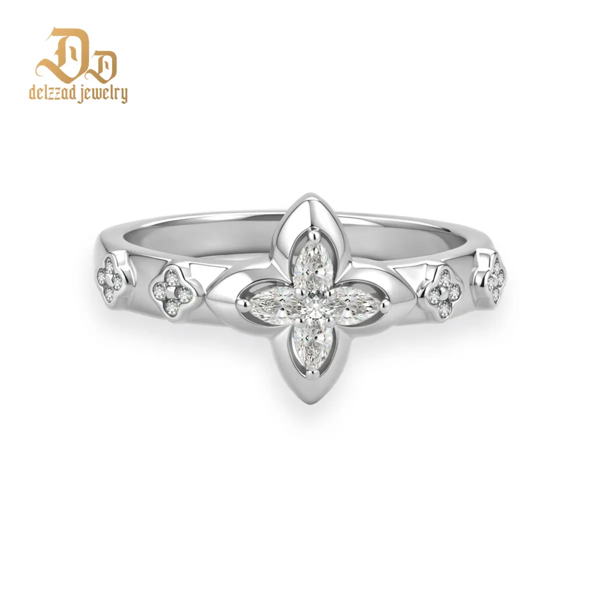 DELZZAD 14K Gold-Plated 0.2ct Guiding Light Flora Ring Four Leaf Ring Band Clover Ring Petals of Grace VVS Synthetic Moissanite Ring Jewelry Perfect Birthday Engagement Wedding Anniversary Christmas Valentine's Day Mother's Day Gift