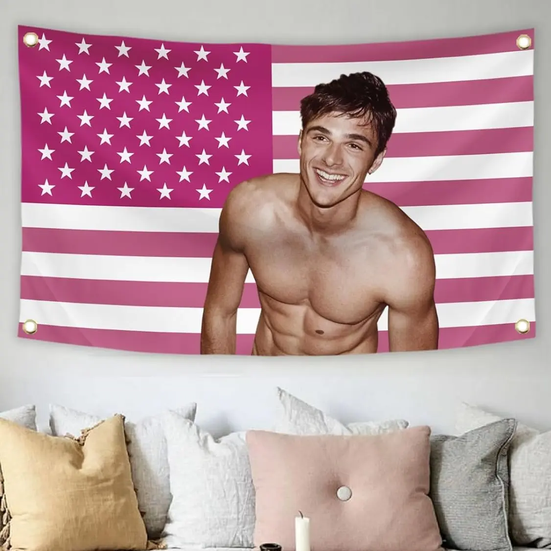 Jacob Elordi 3x5 Ft Pink American Flag Tapestry with Brass Grommets, Vivid Color, Fade-Proof, Indoor Home Decor Decoration for College Dorm Rooms