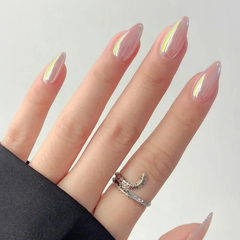 24pcs Stiletto Aurora Fake Nails Set Press On Short Almond Nails Wearable False Nails With Glitter Designs Full Cover Nail Tips