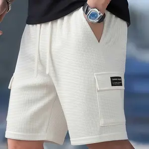 Men’s waffle shorts, cargo shorts, solid color, casual athletic shorts, summer wear, men’s shorts