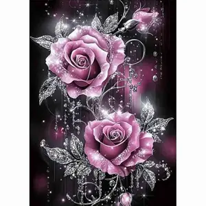5D Full Drill Diamond Painting Kit - Elegant Purple Roses with Sparkling Crystal Vines, Glamorous Floral Design with Shimmering Star Accents on Dark Background, Luxurious Fantasy Floral Art Style, Rose and Luxury Themed DIY Art for Home Wall Decor