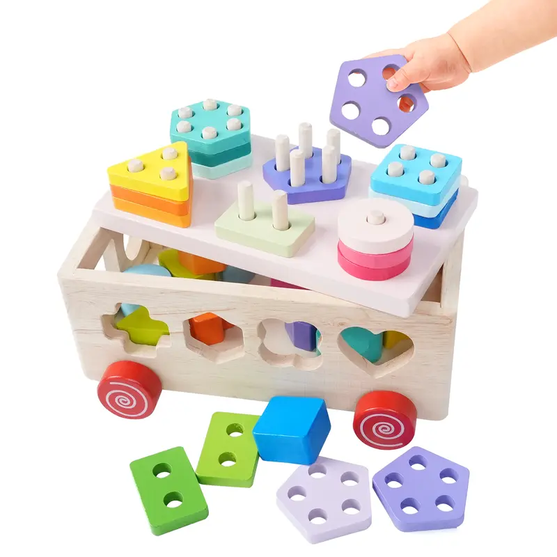 EDUTREE Wooden Shape Sorting and Stacking Toy 6-in-1 Montessori Educational Activity - Colorful & Safe Wooden Peg Puzzle for Toddlers 1-3, Shape Cognition, Counting, Stacking, Easy Storage