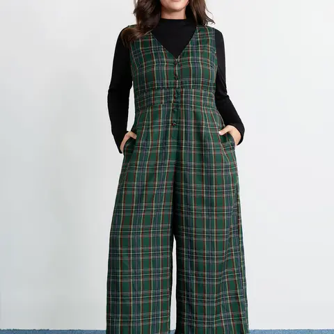 BloomChic Plaid Print V-Neck Straight-Leg Jumpsuit 【M-6XL】