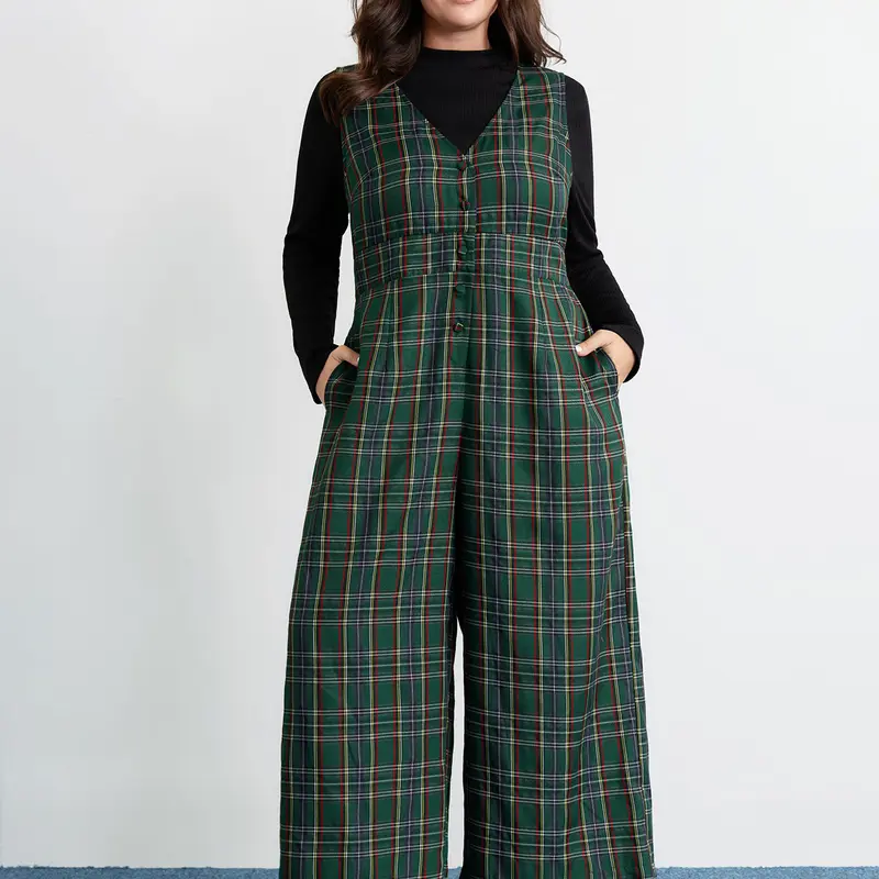 BloomChic Plaid Print V-Neck Straight-Leg Jumpsuit 【M-6XL】