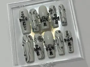 Gothic-inspired Press On Nails Coffin | Chrome Hearts Charms in Fake Nails | Silver Raised Gel Designs | Milky White Nail Set | HC316A