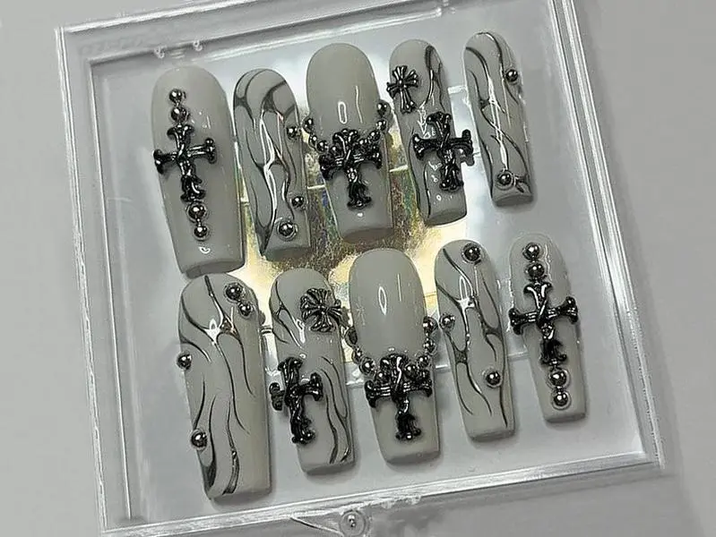 Gothic-inspired Press On Nails Coffin | Chrome Hearts Charms in Fake Nails | Silver Raised Gel Designs | Milky White Nail Set | HC316A