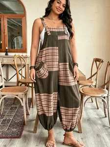 Plus size women's fashionable versatile color-block double-pocket cuffed overalls, suitable for summer, daily commuting, casual wear, and vacation