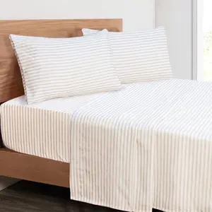 Striped Queen Size Sheet Set - Hotel Luxury 1800 Bedding Sheets & Pillowcases - Deep Fitted Sheet, Soft, Breathable, Wrinkle & Fade Resistant - 4 Piece (Beige Stripe)