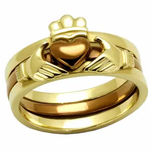 Womens Two-Tone IP Gold & IP Light Brown Stainless Steel Claddagh 3 Rings Set