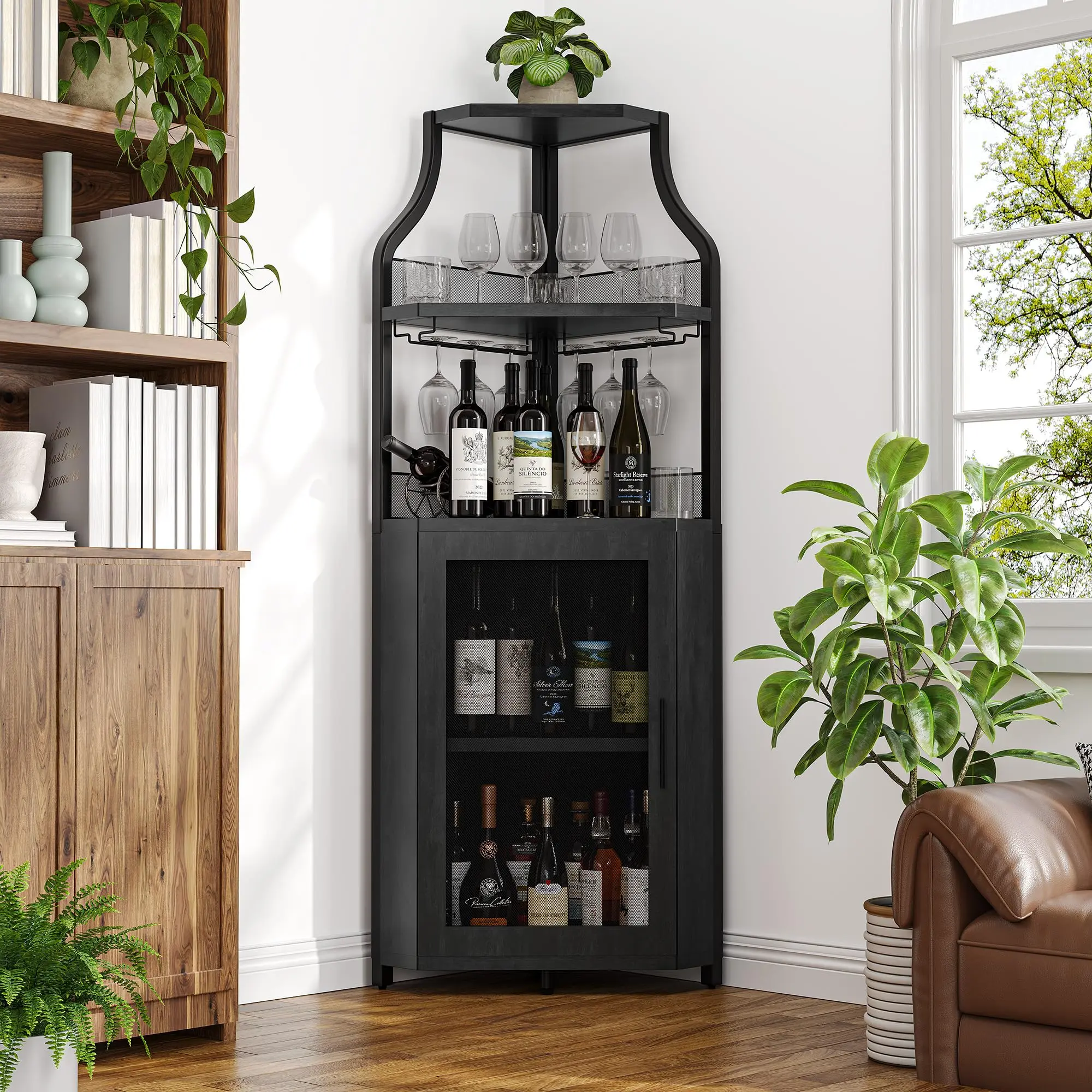 Farmhouse Corner Wine Bar Rack Cabinet, Multifunctional Home Coffee Bar with Barn Door & Mesh Storage, Detachable Wine Grid & Adjustable Shelf Buffet Table,dorm essentials,home decor