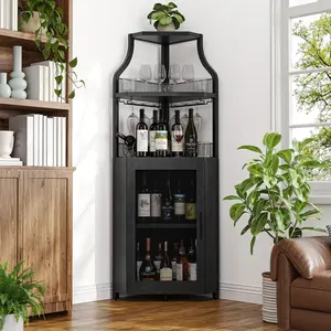 Farmhouse Corner Wine Bar Rack Cabinet, Multifunctional Home Coffee Bar with Barn Door & Mesh Storage, Detachable Wine Grid & Adjustable Shelf Buffet Table
