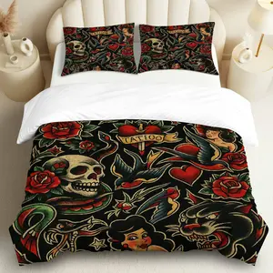 3PCS Duvet Cover Set, 1 Duvet+2 Pillowcases(Without filler), Tattoo Skull Rose Heart Snake theme, Halloween bedding set, Gothic Vintage Suitable for decoration bedroom living room studio loft.