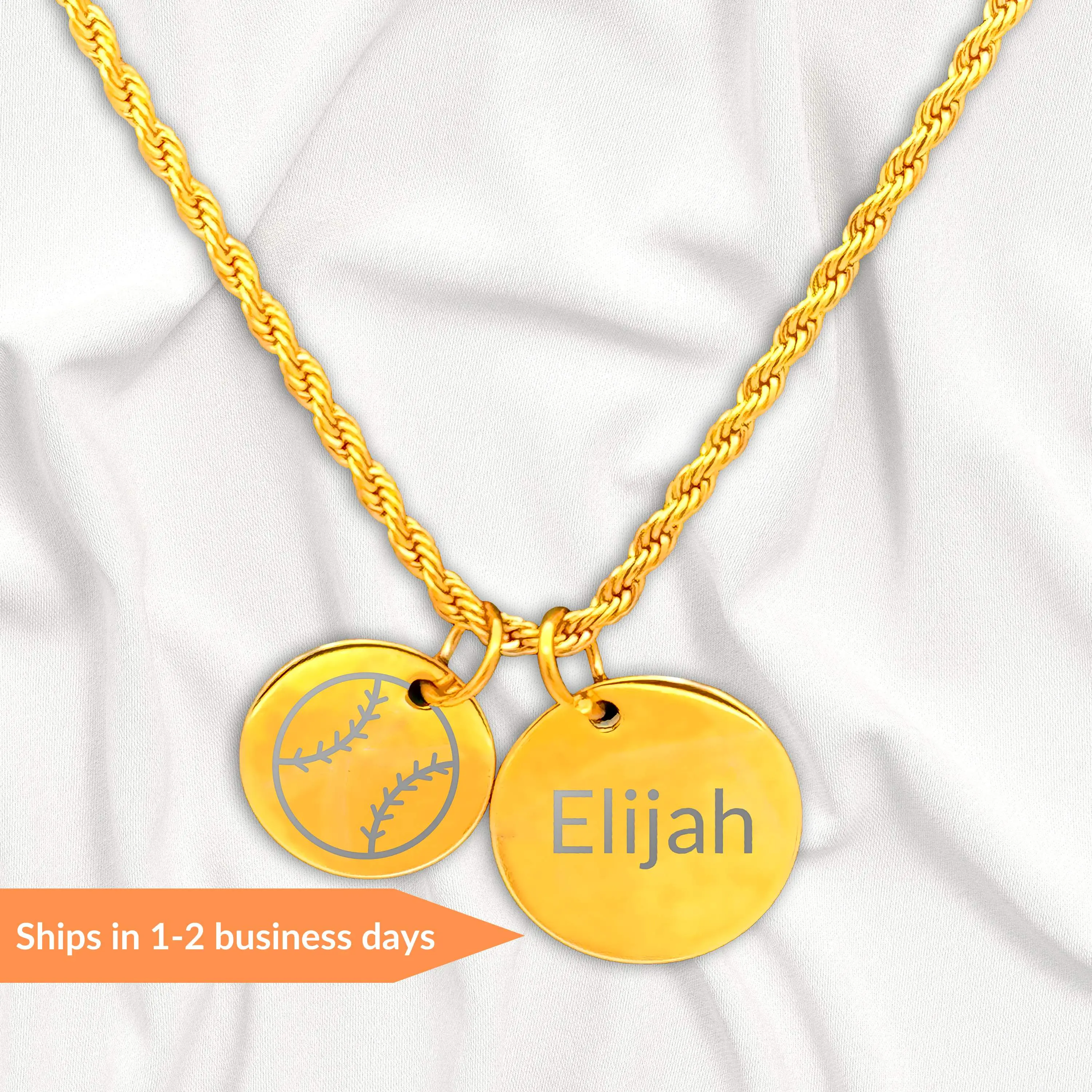 Personalized Gold Two Charm Baseball Necklace 18K Gold Plated PVD Stainless Steel 18-20 Inch Lengths 3mm Chain Baseball & Custom Name Charms Gift Ready Unisex Jewelry