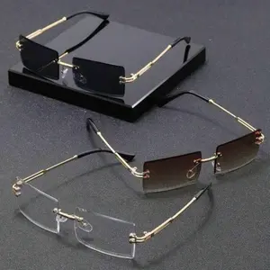 Men's Rectangular Rimless Metal Fashion Glasses, New Fashion Eyewear Suitable For Daily Life, Beach Holiday And Outdoor Travel