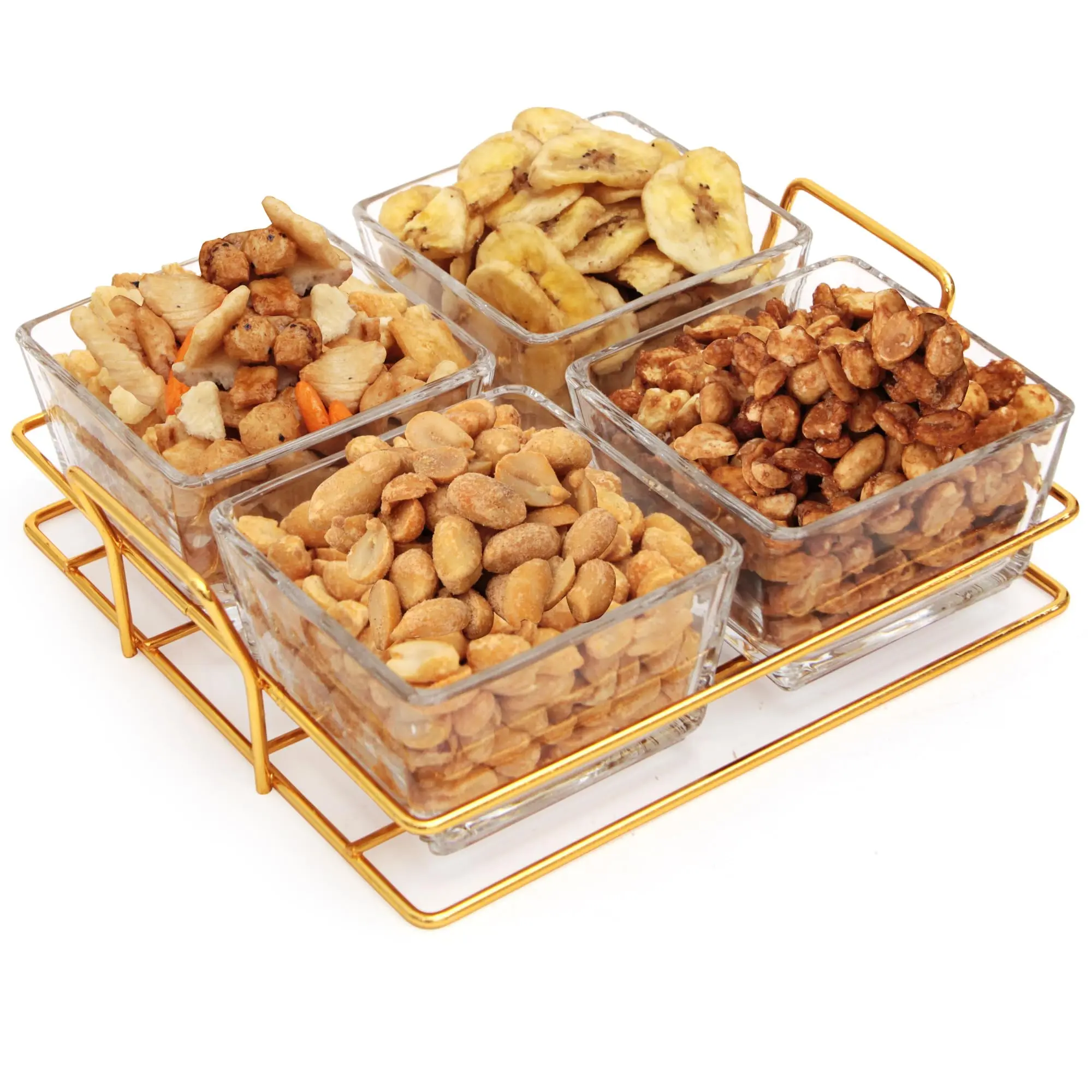 Bowl Glass Snack Serving Tray with Gold Metal Stand, Holiday gift, Appetizer & Nut Serving Dish for Candy, Fruit, Party & Home Entertaining