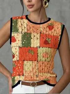 Women's Strawberry Color Block Contrast Print Round Neck Sweater Vest, Casual Sleeveless Knit Top for Spring Summer Fall