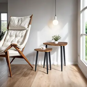 Arlo Cove Modern Triangle Nesting Tables – Natural Wood Finish, Rounded Corners, Set of 2 with Black Metal Legs