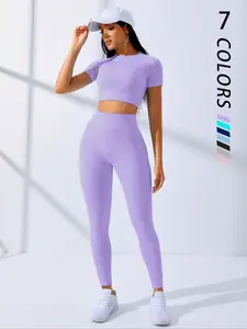 Two-piece Set Women's Solid Crop Top & High Waist Leggings Tracksuit Set, Sporty Breathable Comfy Sportswear Set for Yoga Gym Workout Running, Ladies Summer Sportswear Workout Running Clothes