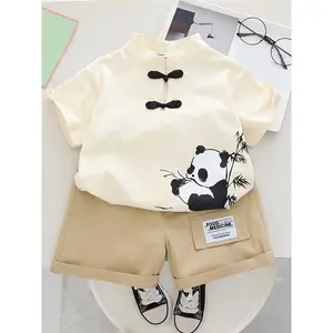 Kids' 2-Piece Chinese-Style Panda Print Short-Sleeve Ethnic Suit, Sporty Protective Gear for Outdoor & Casual Daily Use