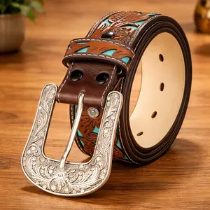 Vintage western feather belt with statement buckle, unisex cowboy waist belt for everyday street style