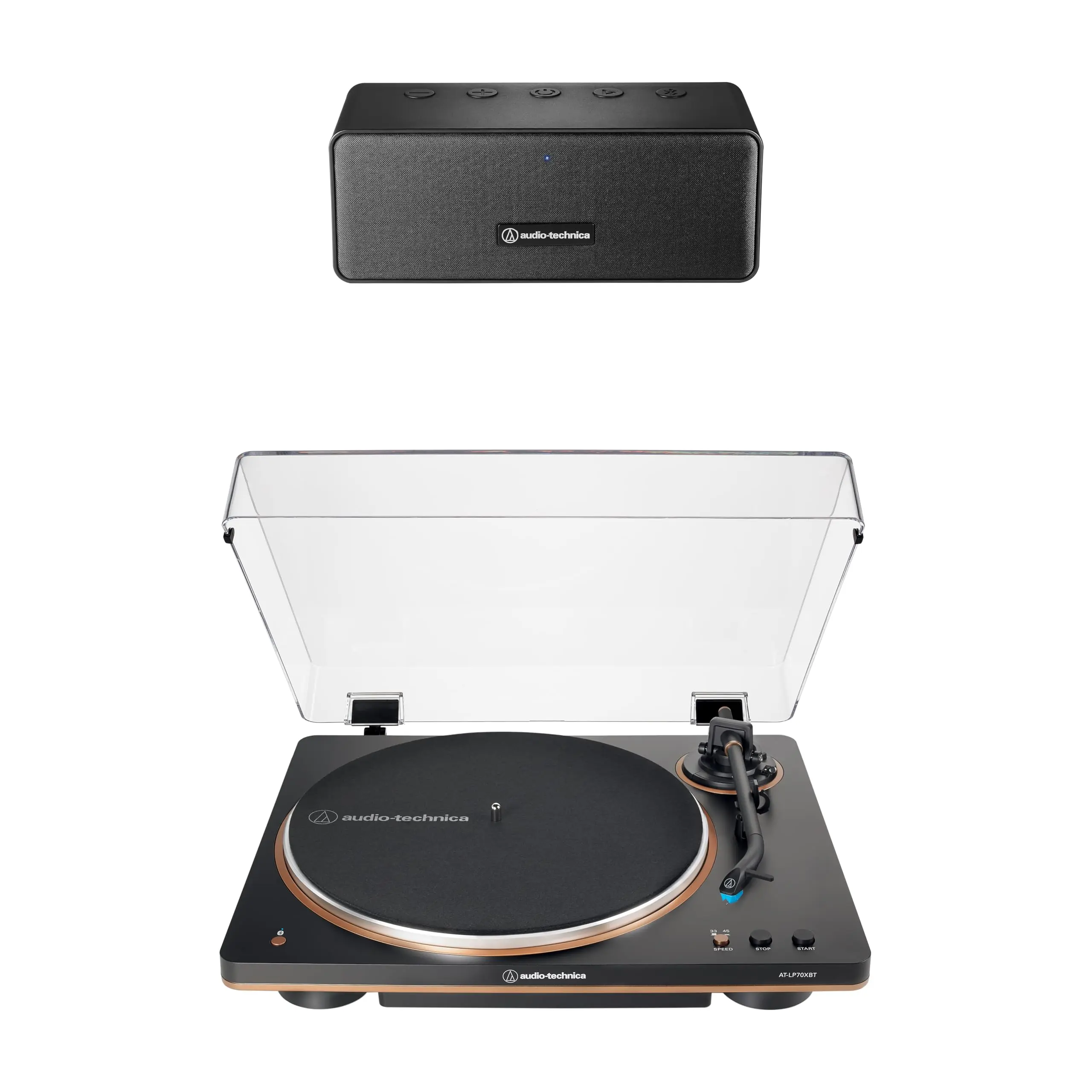 Audio-Technica AT-LP70XBTBZP2 Compact Portable Vinyl Turntable Speaker Pack - Bronze Finish, Full Auto Play, Bluetooth Wireless, 3.5 mm Auxiliary Cable, Passive Radiator, 3" Full-Range Drivers, Home Entertainment Music Setup