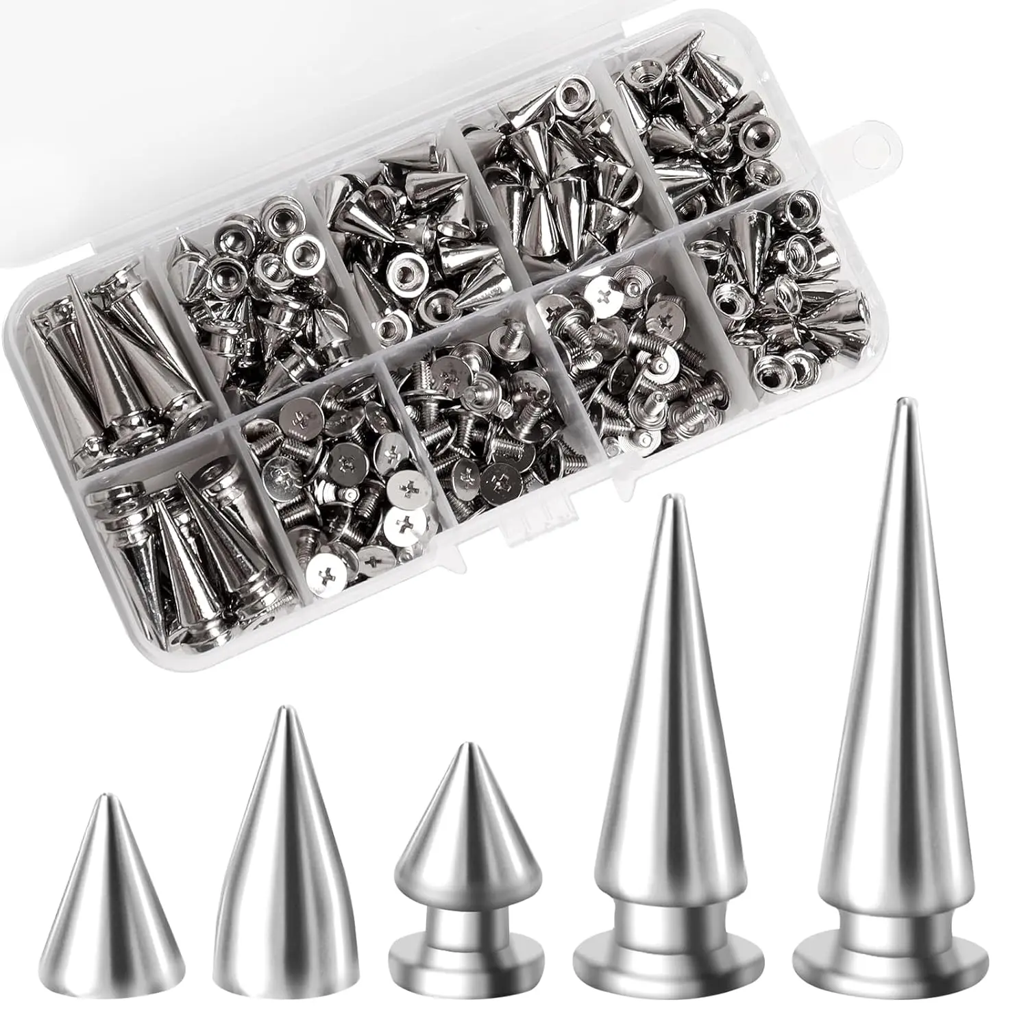 200 Sets Cone Spikes and Studs Silver Metal Studs Rivets Studs for Clothing,Punk Spikes DIY Craft Decoration, Multiple Sizes in a Box