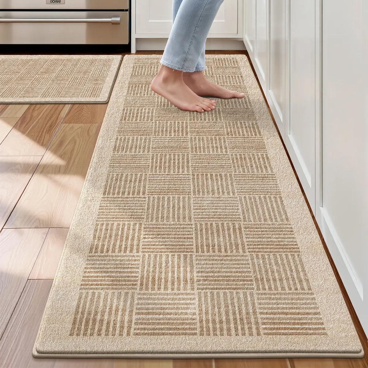 LUMI Beige Grid Textured Micro Cashmere Kitchen Mat Set, Anti Slip Thin Kitchen Runner Rugs Combo Machine Washable Soft Comfort Standing Floor Mats for Home Kitchen Decor
