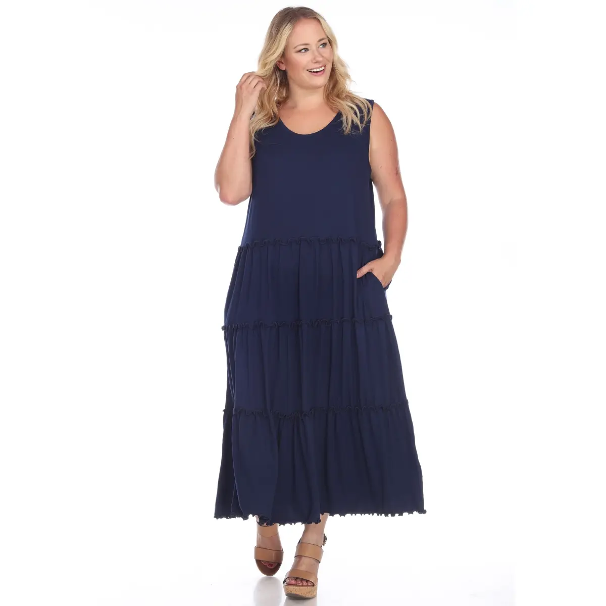 212 MAIN Women's Soft Smock Tiered Midi Dress - Navy, Plus Size 1X, Scoop Neck, Sleeveless Single-Arm Casual Wear (PS315-03-1X), Single-Arm Casual Dresses