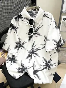 New Summer Classic Palm Tree Print Short Sleeve Shirt, Casual Loose Fit, Lapel Single Button Design, Tropical Vacation Style, Perfect for Beach and Outdoor