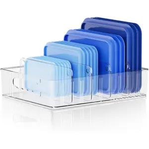 Lid Organizer for Cabinet, Clear Plastic Adjustable Food Container Lid Holder with 4 Dividers, Under Sink & Pantry Space Saving Storage Solution