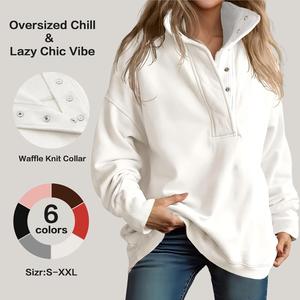 Fisoew Womens Oversized Sweatshirt Casual Snap Stand Collar Long Sleeve Pullover Tops Fall Travel Outfits Womenswear