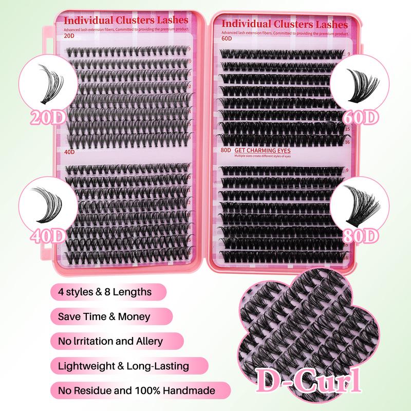 640PCS 20D40D60D80D Cluster Lashes Kit High Capacity Individual Lash Clusters 9-16mm Mixed D Curl Effect Natural Look Wispy Soft And Comfortable False Eyelashes Long-Lasting Individual Lashes Kit With Lash Bond&Seal And Tweezers And Lash Brush