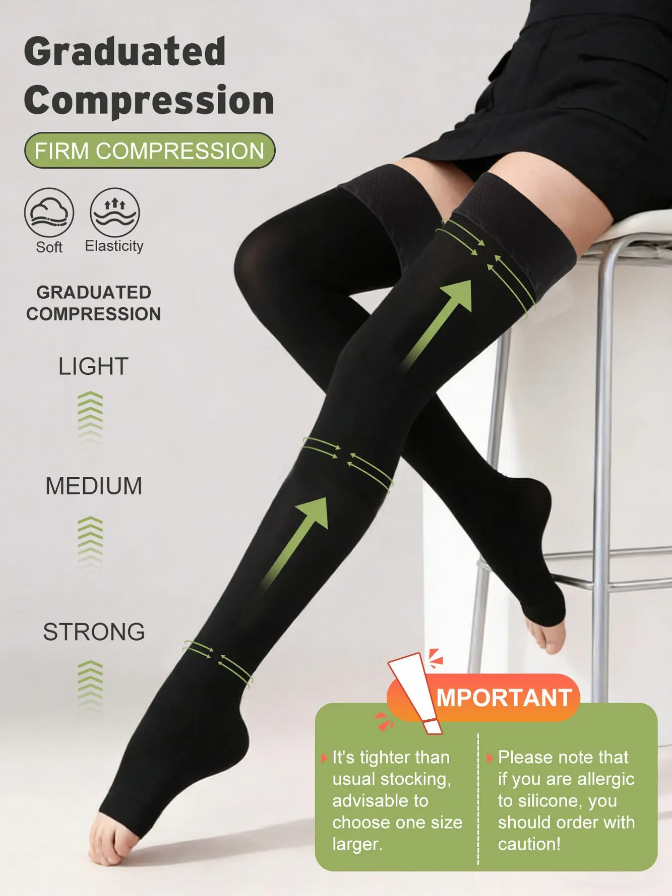 1Pair Black 20-30mmHg Compression Athletic Socks, Over-Knee Comfortable Elastic Toe-less Sleep Socks, Thin Nighttime Footwear, Daily Socks, Gift, Long-Distance Travel Socks, Stocking, Washable, All Season Socks, Man, Women, Unisex