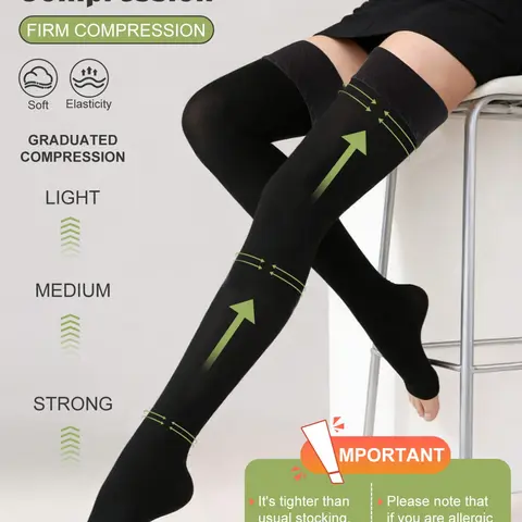 1Pair Black 20-30mmHg Compression Polyester Athletic Socks, Over-Knee Comfortable Elastic Toe-less Sleep Socks, Thin Nighttime Footwear, Daily Socks, Gift, Long-Distance Travel Socks, Stocking, Washable, Man, Women, Unisex