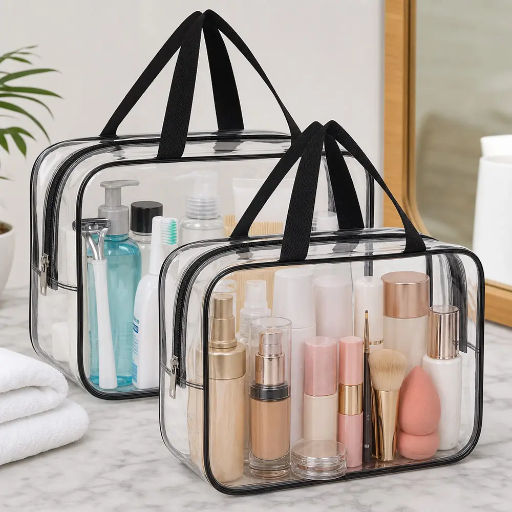 2 pack Large Clear Cosmetic Makeup Bag Waterproof Plastic Tote Bags Makeup Artist Large Bag Clear Toiletry Carry Pouch Luggage Organizer Storage Easy Clean Large