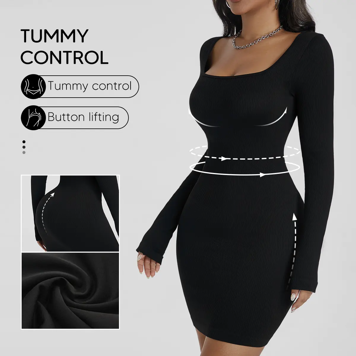 Sculpting Slip Dress for Women, Elegant Long Sleeve Square Neck Ribbed Knit Bodycon with Tummy Control for Wedding & Everyday Wear, Knitting, Racerback, Fitted, Anti-Roll Technology, Chic, Natural Peach Lift, Daily, Blazer