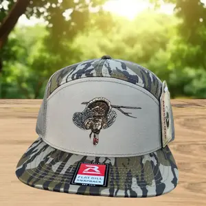 Turkey Down Hunting Hat, Available In Brackish Camo Grey Black Brown, 7 Panel Snapback, Flatbill Trucker Hat