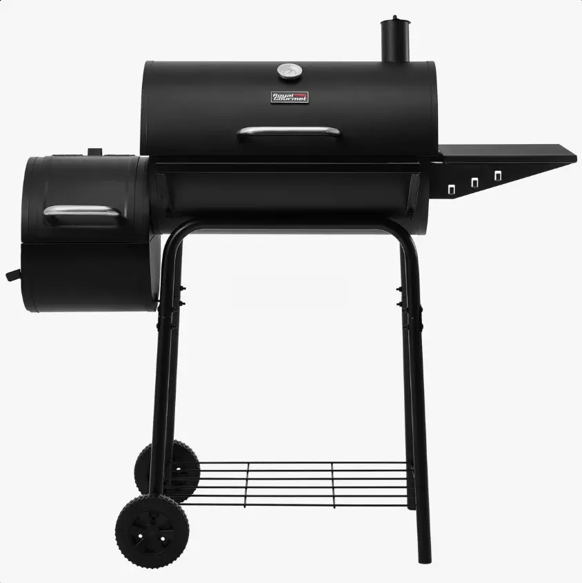 Royal Gourmet Barrel Charcoal Grill with Offset Smoker, Black, charcoal grill, BBQ grill, outdoor grill, offset smoker, backyard cooking, patio barbecue, picnic BBQ