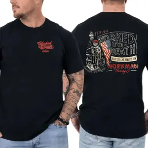 Worked To Death T-Shirt, American Flag Blue Collar Worker Graphic, Workman Trading Co Graphic Shirt for Construction Workers & Laborers, Patriotic Gift for Hardworking Men