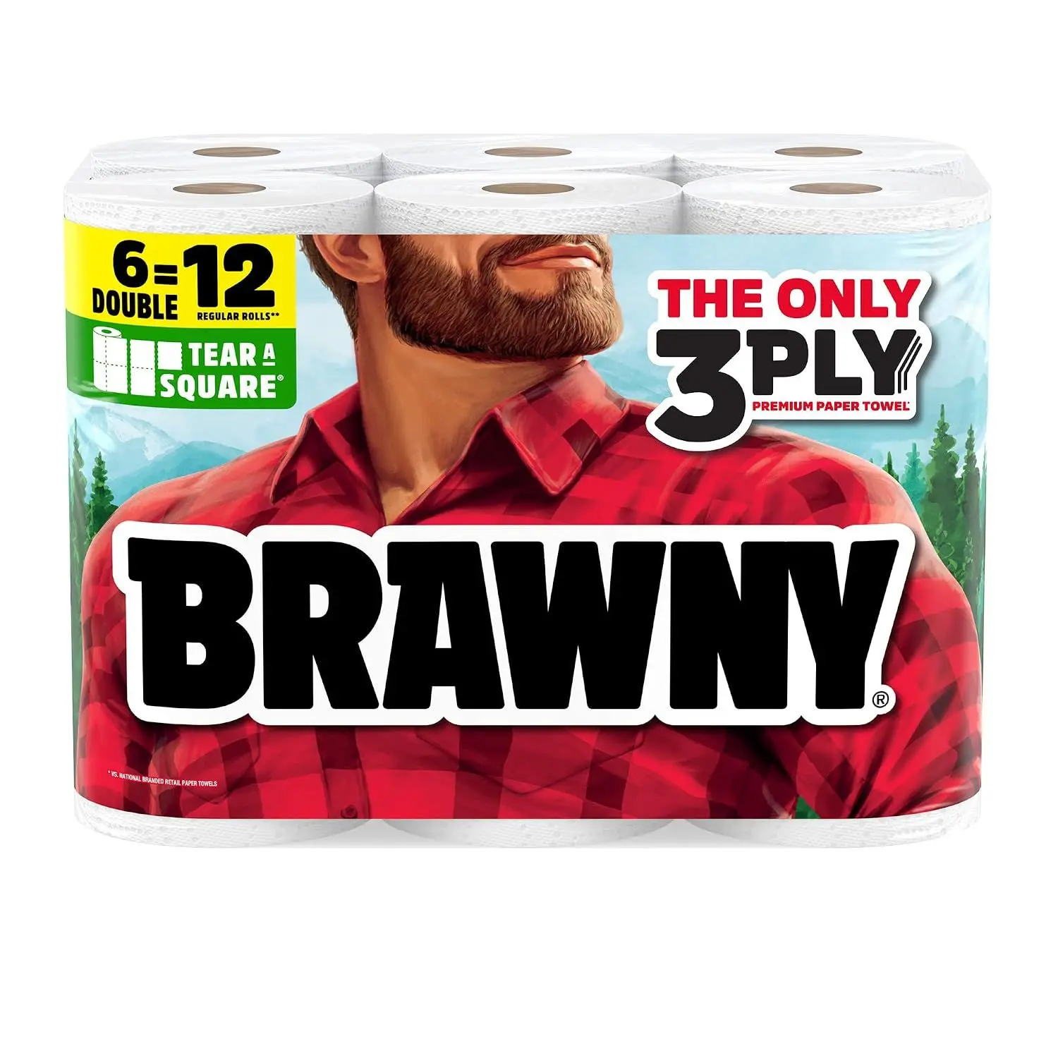 Brawny Tear-A-Square 3-Ply Paper Towels, 12 Double Rolls = 24 Regular Rolls, Strong, Absorbent, and Durable with 3 Sheet Sizes