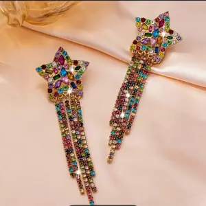 Gorgeous Star Drop Earrings with Multicolor Rhinestones and Dangling Tassels for Festive Outfits