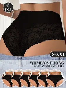 6-Pack Mid-Waist Seamless Underwear, Lace Thong Panties, Tummy Control Butt Lifting, Soft Skin-Friendly Fit, Triangle Pants, Womenswear