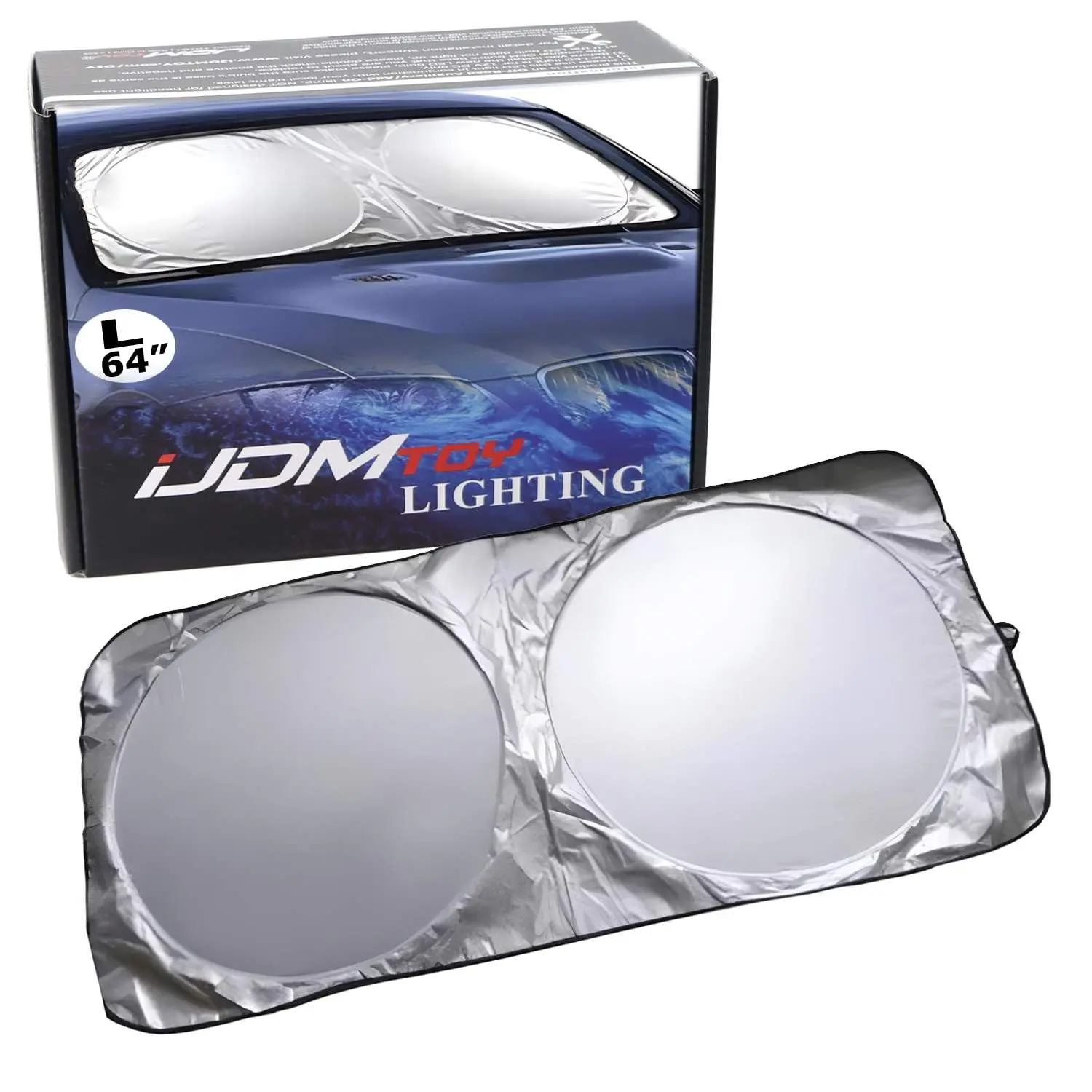 iJDMTOY 2-Pack 64 x 33.8 inches Windshield Sunshade w/Reflective Material Lowering Interior Heat Foldable Block UV Ray Deflector Sun Shade Protection Foldable Fits Most Sedan Cars Trucks Vans SUVs