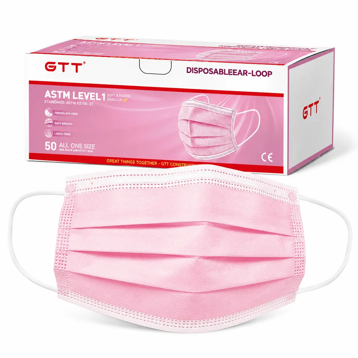GTT Disposable 3-Ply Non-Woven Protective Face Masks, ASTM Level 1 Certified, 50PCS/Box, Latex-Free Ear Loops, Prevent Irritation, Maintain Excellent Breathability, Medical Grade for Daily Home Care Dust & Pollen Block