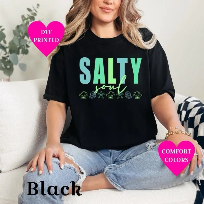 Salty Soul T-shirt on Comfort Colors Summer Everyday Style Short Sleeve casual comfortable super soft relaxed fit unisex Sizing womenswear Streetwear vintage Crewneck Printed Loose Graphic Top #Beachy #Carefree #Coastal #LaidBack #SummerReady #BeachLife