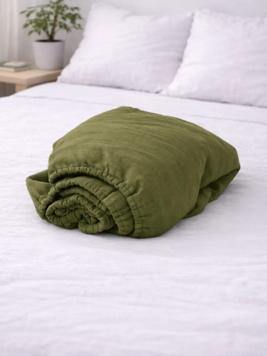 Olive Green 100% Flax Linen Fitted Sheet