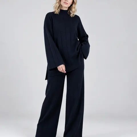 Women's 2-Piece Sets Ribbed Knit Matching Set, Oversized High Neck Sweater Top & Wide Leg Pants, Soft Casual Lounge Outfit