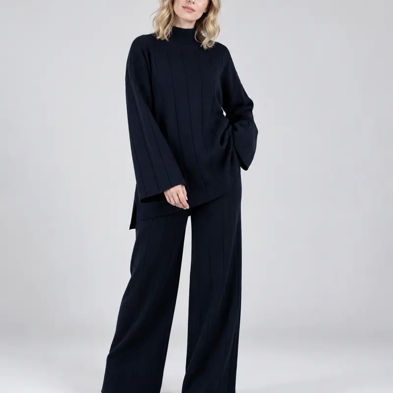 Women's 2-Piece Sets Ribbed Knit Matching Set, Oversized High Neck Sweater Top & Wide Leg Pants, Soft Casual Lounge Outfit